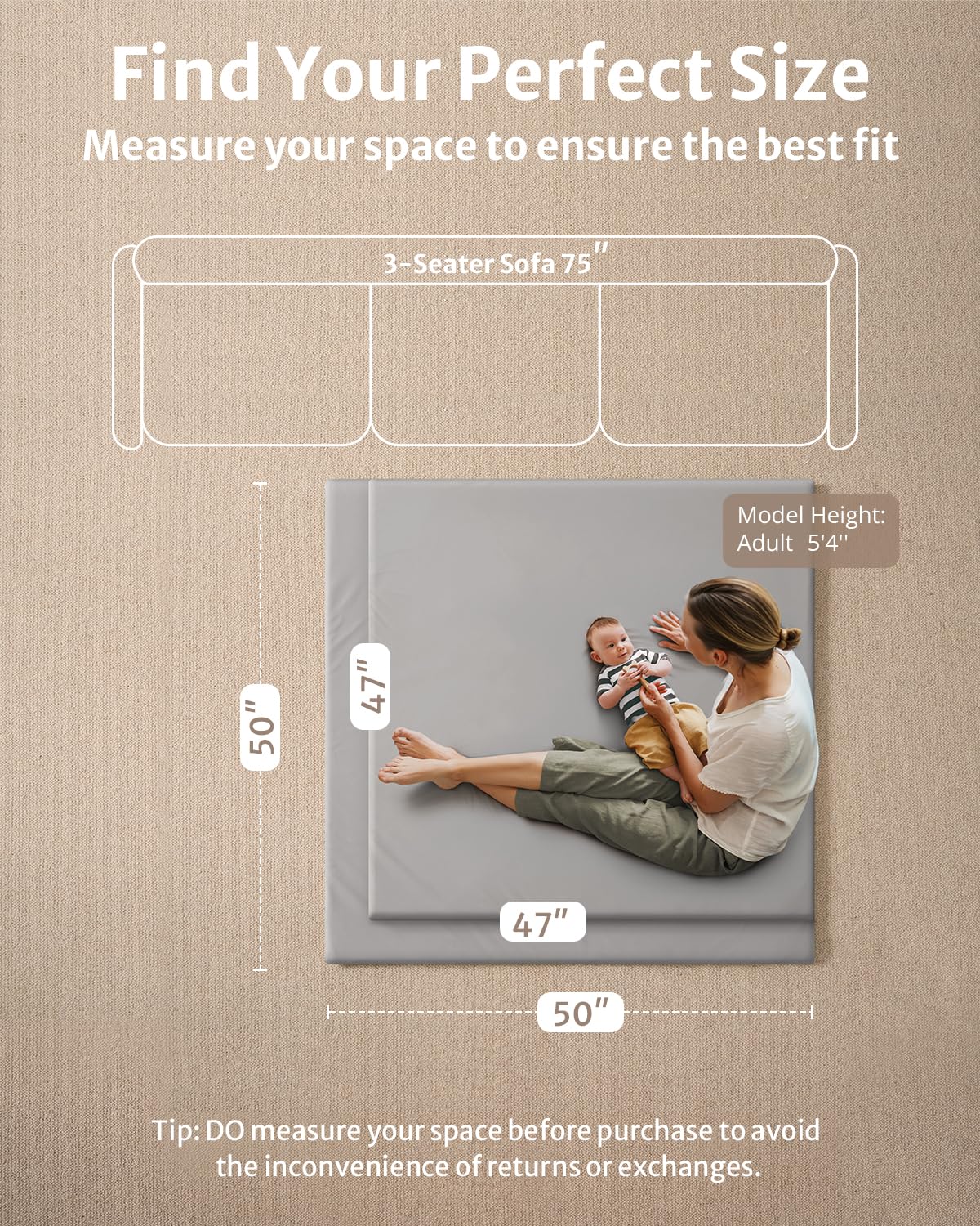 Blissful Diary Vegan Leather Baby Play Mat, 47x47 Thicken Foam Cushioned & Waterproof Playpen Mat for Infants and Toddlers, Stylish and Just Wipe-Clean Playmat for Baby Play on Floor, Light Gray