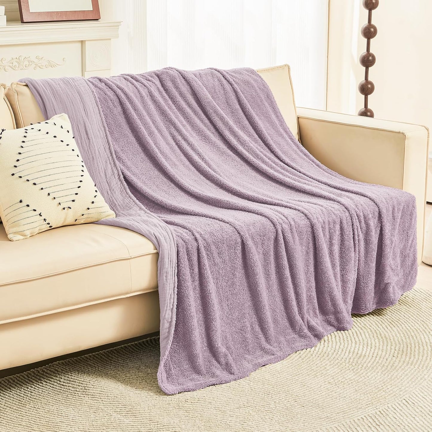 EMME Muslin and Fleece Queen Blanket Reversible - 80"*90" Lavender Soft Warm Throw Blankets for Couch Bed Picnic Travel Bed