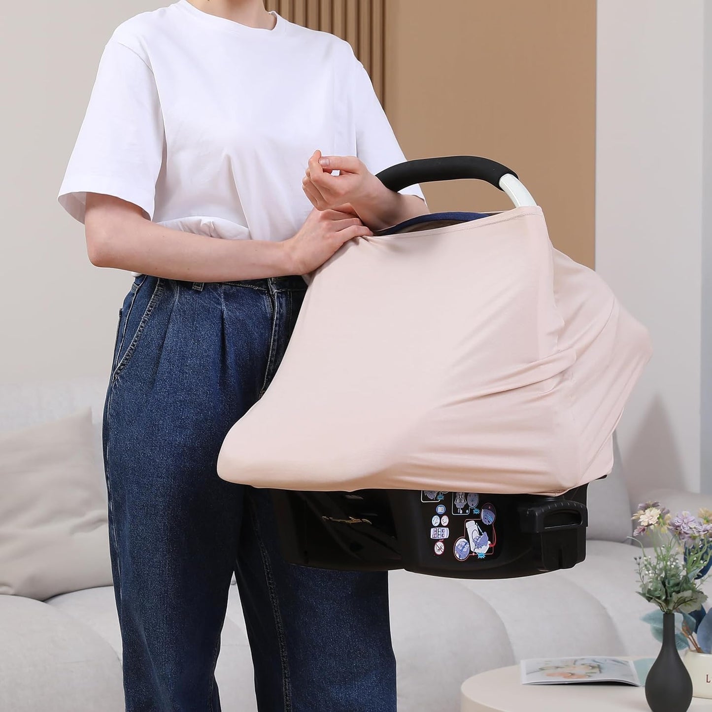 Breathable Car Seat Cover for Babies – Multi-Purpose Soft Rayon Nursing Cover for Breastfeeding, High Stretchy Infant Carseat Canopy, Stroller Cover (Smooth Rayon, Warm Natural)