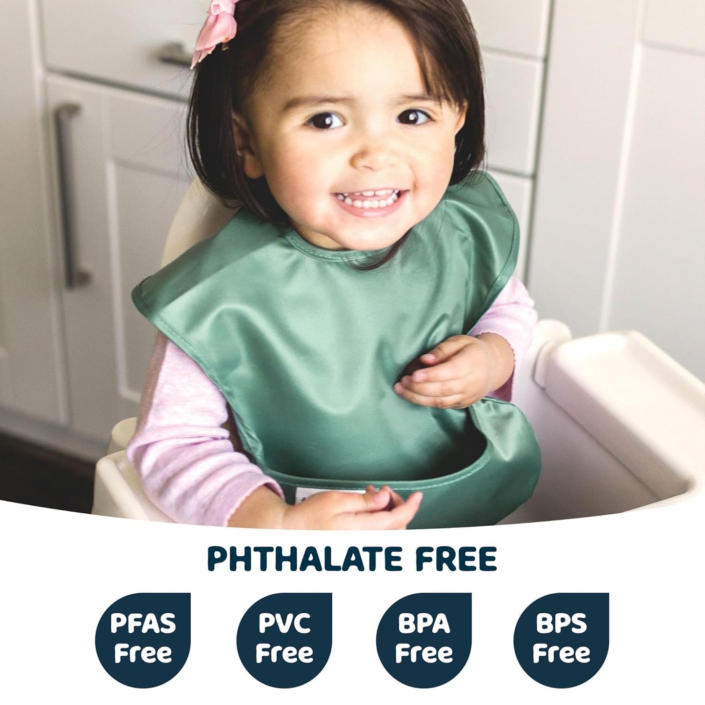 Tiny Twinkle Mess Proof Baby Bibs for Eating - Waterproof, Wipeable Bibs - Toddler Bibs - Travel Friendly - PFAS, PVC, BPA, Phthalate Free - Baby Food Bibs(3 Pack,Olive. Slate)