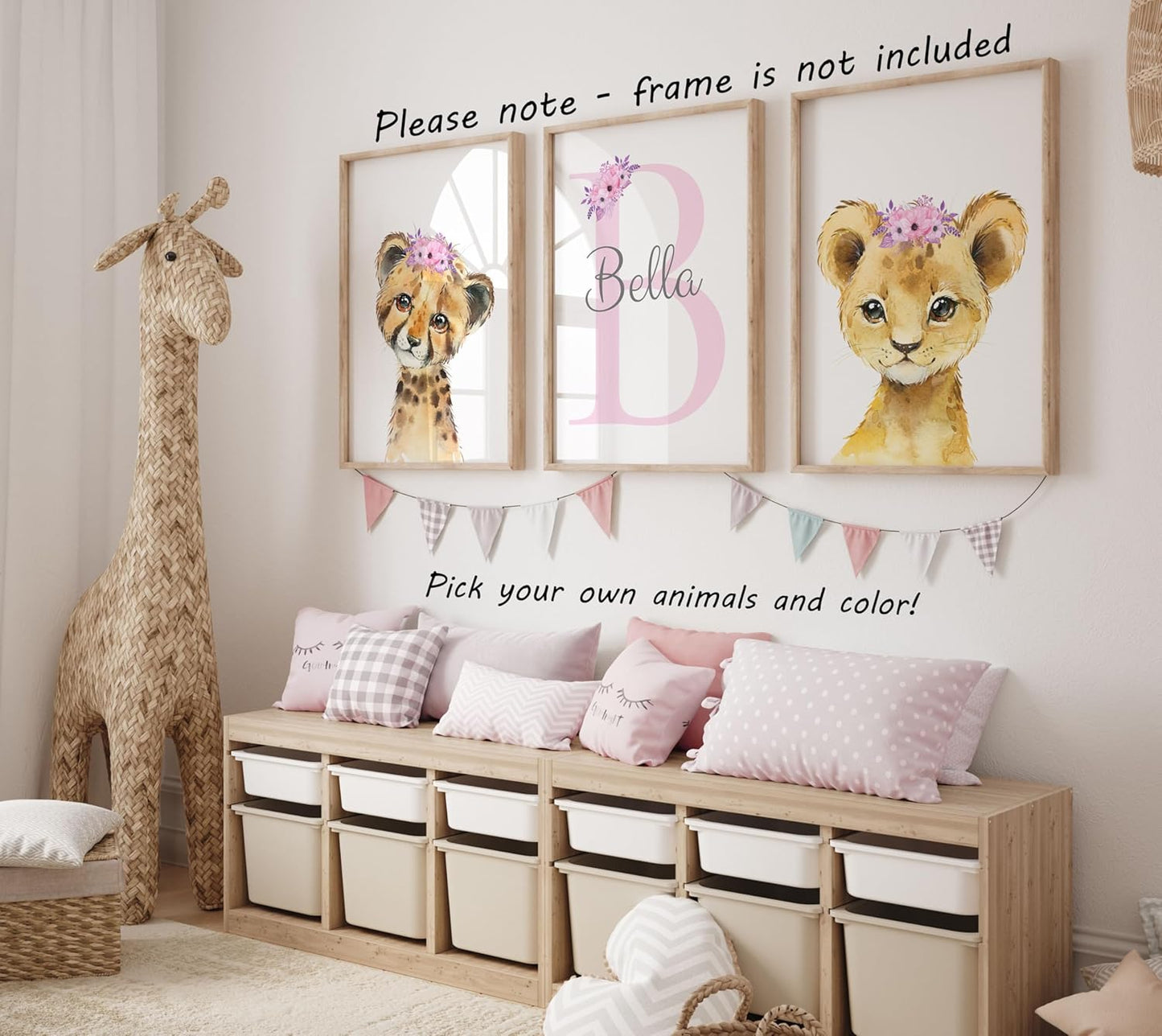 Personalized Safari Animals for Baby Girls Nursery, Set of 3 Unframed Poster Prints, Personalized Name Pink Lilac Floral, Girls Bedroom Decor, Elephant Giraffe (12x16)