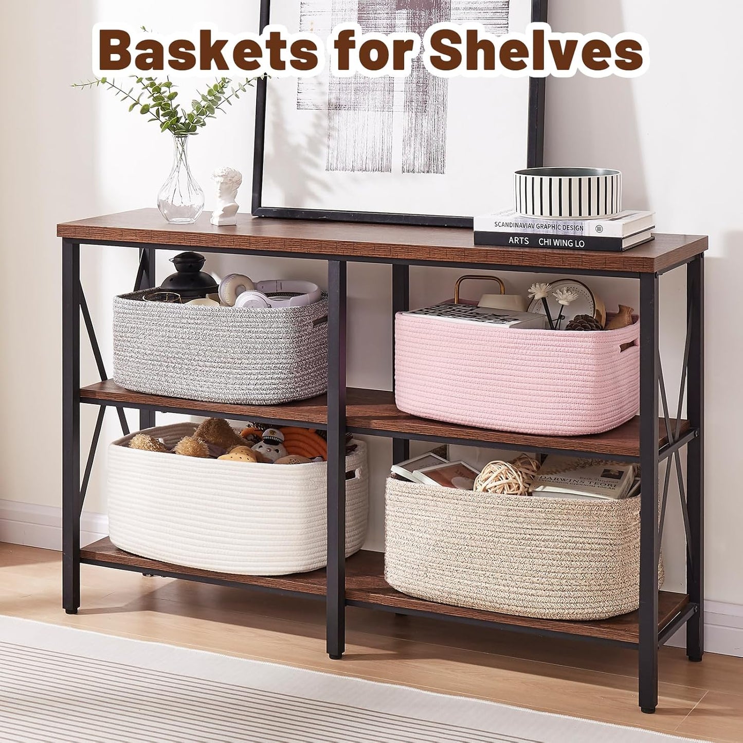 OIAHOMY Storage Basket for Shelves, Closet Cube Storage Bins Baskets for Clothes Blanket Towels, Baby Nursery, Toy Baskets Box, Woven Rope Basket, 17.72*12.99*7.87 IN, 2 Packs Mixed Pink