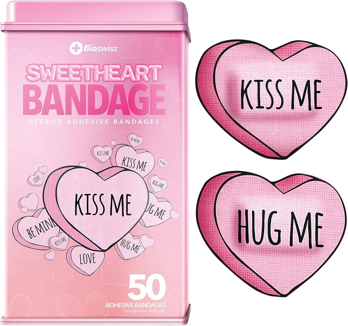 BioSwiss Bandages, Valentine Heart Shaped Self Adhesive Bandage, Latex Free Sterile Wound Care, Fun First Aid Kit Supplies for Kids, 50 Count