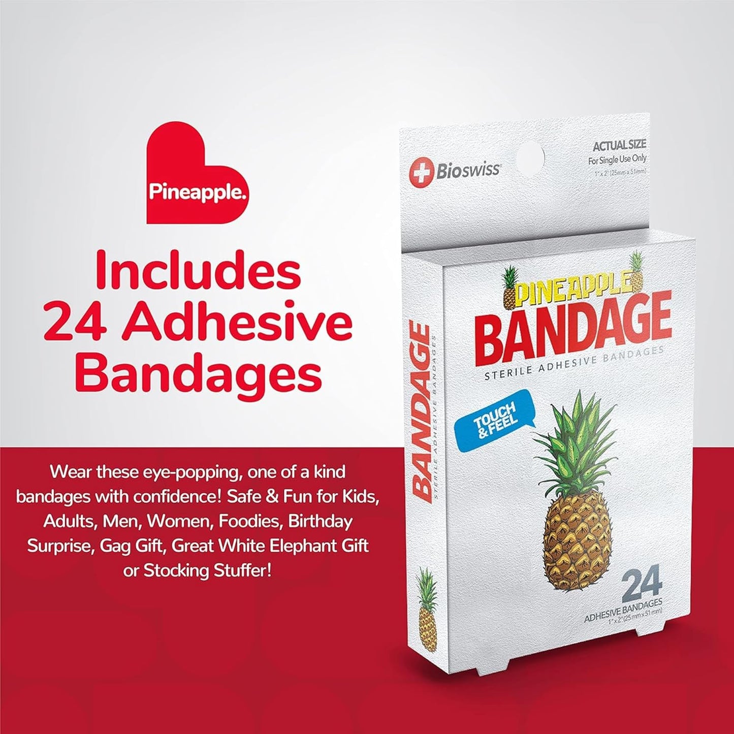 BioSwiss Bandages, Pineapple Shaped Self Adhesive Bandage, Latex Free Sterile Wound Care, Fun First Aid Kit Supplies for Kids, 24 Count
