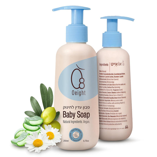 Oeight Baby Body Wash, 100% Natural Active Ingredients Sensitive Skin Baby Wash with Aloe Vera, Chamomile, Olive Oil & Provitamin B5, Dermatologically & Hypoallergenic Tested Mild Foaming Soap, 200ml