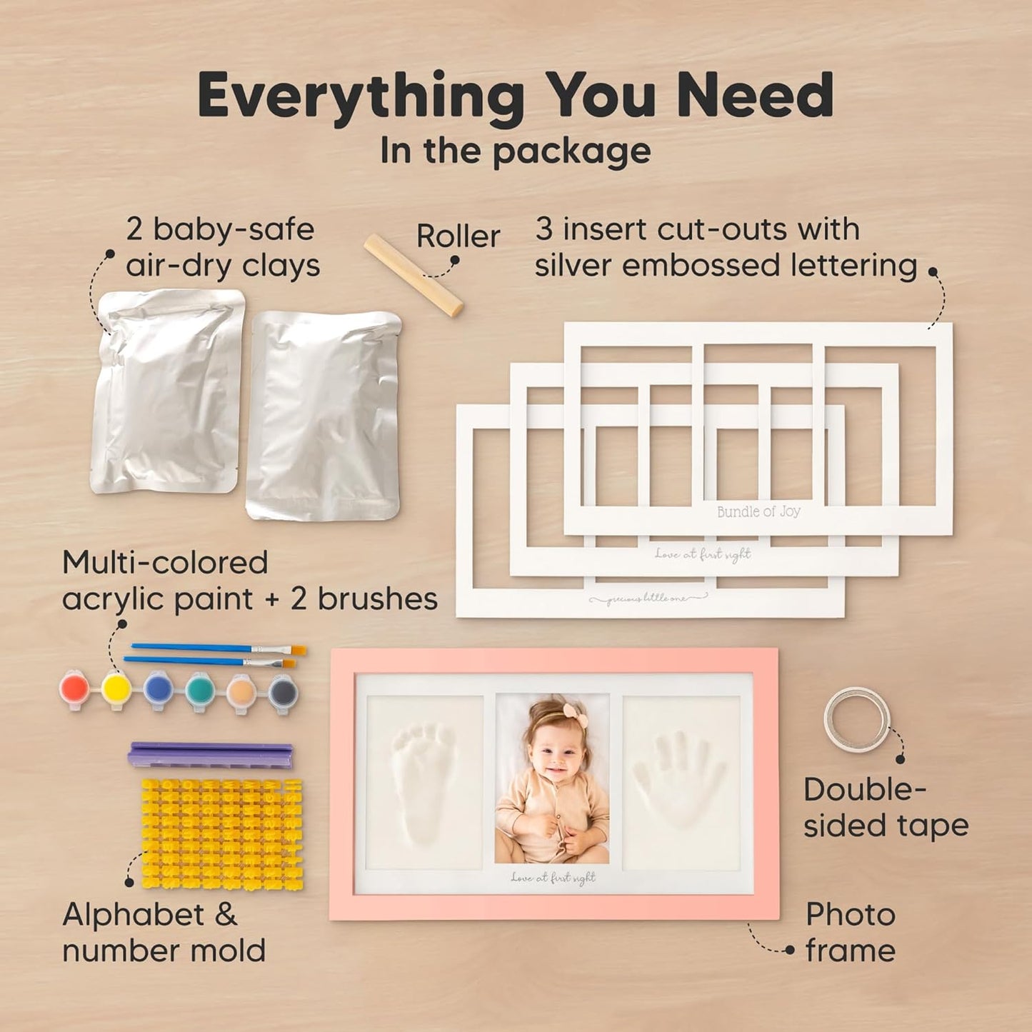 Baby Hand and Footprint Kit - Clay Handprint Keepsake Frame, Newborn Nursery Picture Frame, Personalized New Mom Gifts for Baby Shower & Registry (Sweet Pink)