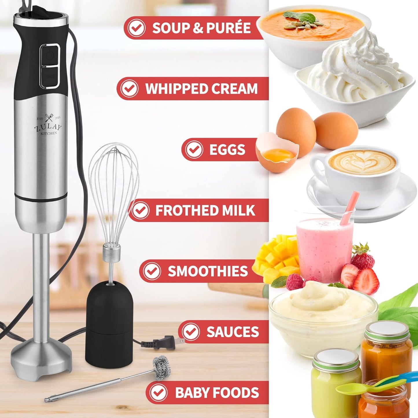Zulay Immersion Blender Handheld - Durable Stick Blender With Ultra-Sharp Stainless Steel Blades For Effortless Blending (Immersion Blender Set (No Cup), Matte Black)