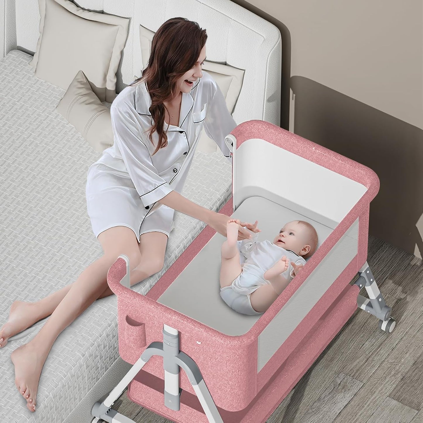 Jaoul 4 in 1 Baby Bassinet Bedside Sleeper Baby Crib, Adjustable Cosleeper for Baby, Easy Folding Portable Baby Bed Rocking Bassinets with Comfy Mattress Mosquito Net Storage for Infant Newborn Pink