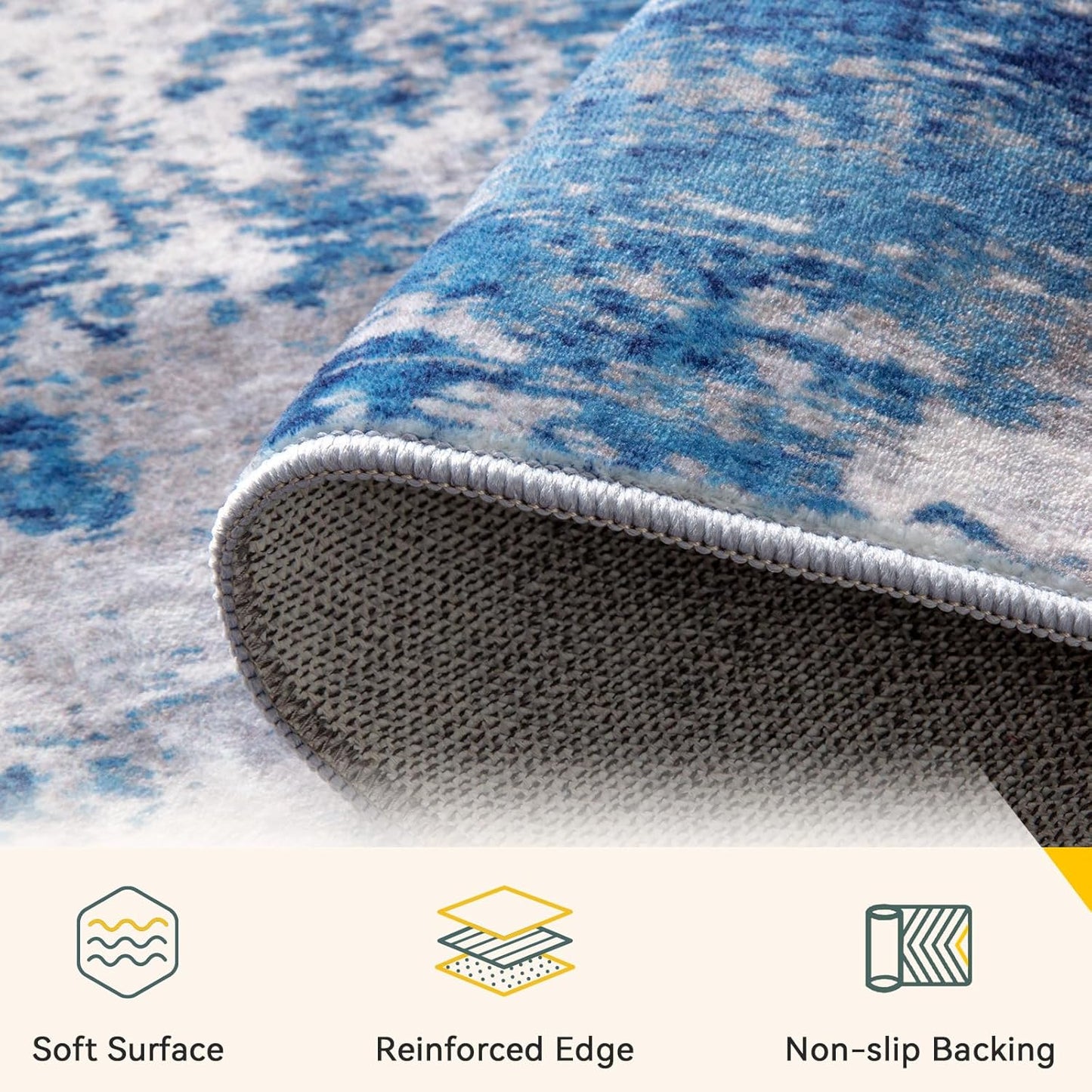 Washable Area Rugs 2'x6' Non-Slip Modern Abstract Soft for Living Room Entryway Bedroom Nursery, Print Pattern, Blue Grey Navy Gray