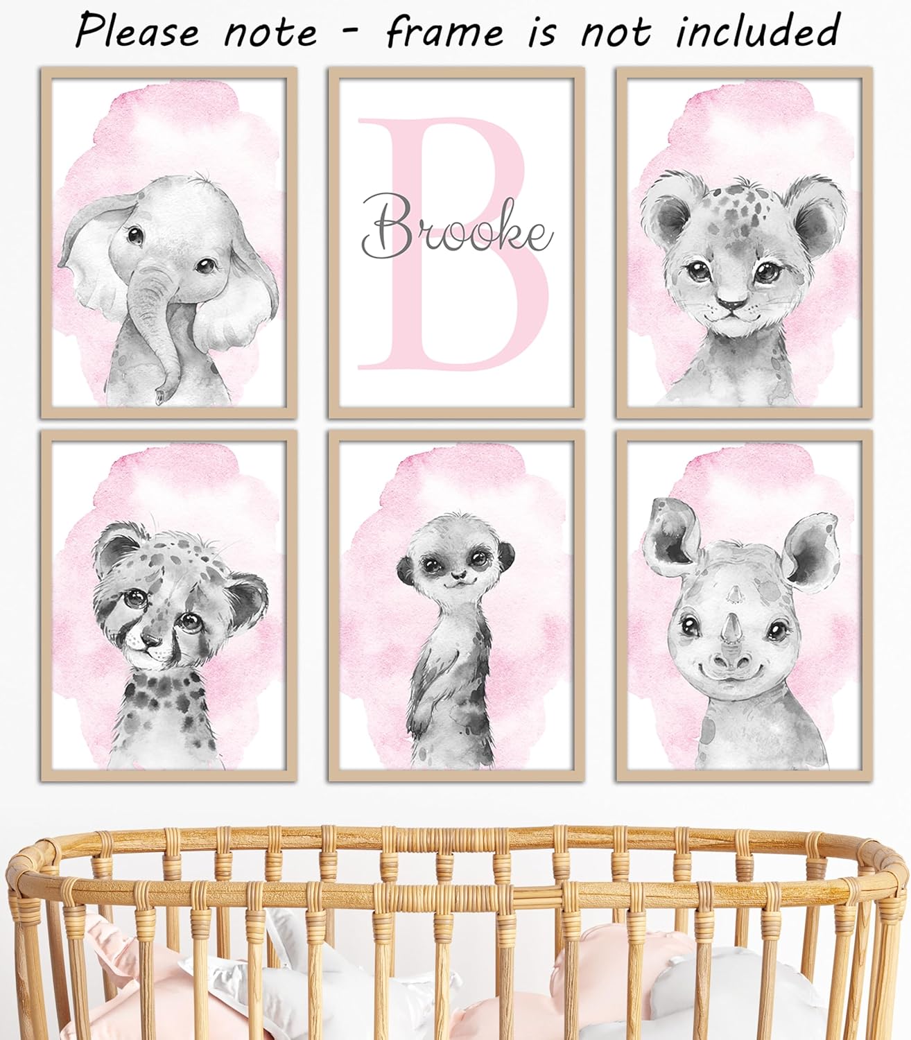 Safari Animals Set of 6 Unframed Poster Prints for Baby Girls Nursery Bedroom Playroom, Personalized Name, Choice of 12 Animals, Pink Purple (9x12)