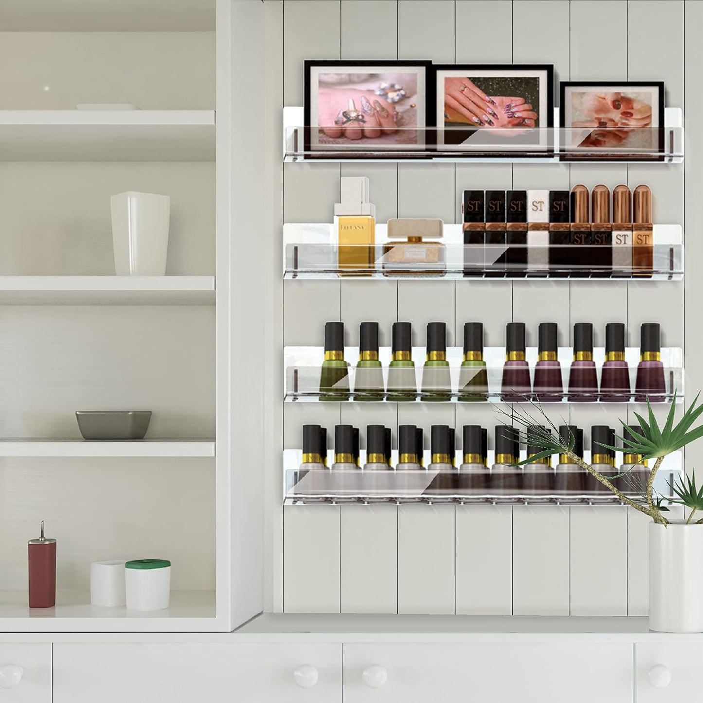 4 Pack 15 Inch Clear Acrylic Shelves, Clear Kids Floating Bookshelf for Kids Room, Modern Nail Polish Rack Sunglasses Essential Oil Picture Ledge Display Toy Storage Wall Shelf