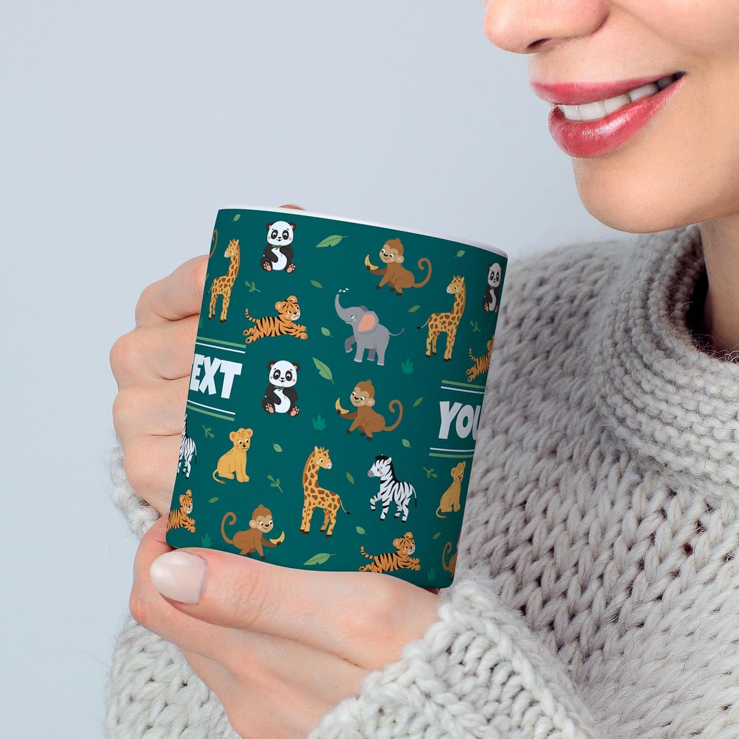 Personalized Mug for Kids - Zoo Animals - Custom Name/Text, Ceramic Hot Chocolate/Cocoa/Coffee Cup for Boys/Girls, Birthday/Christmas/Holiday Gift - 15 oz, White Handle