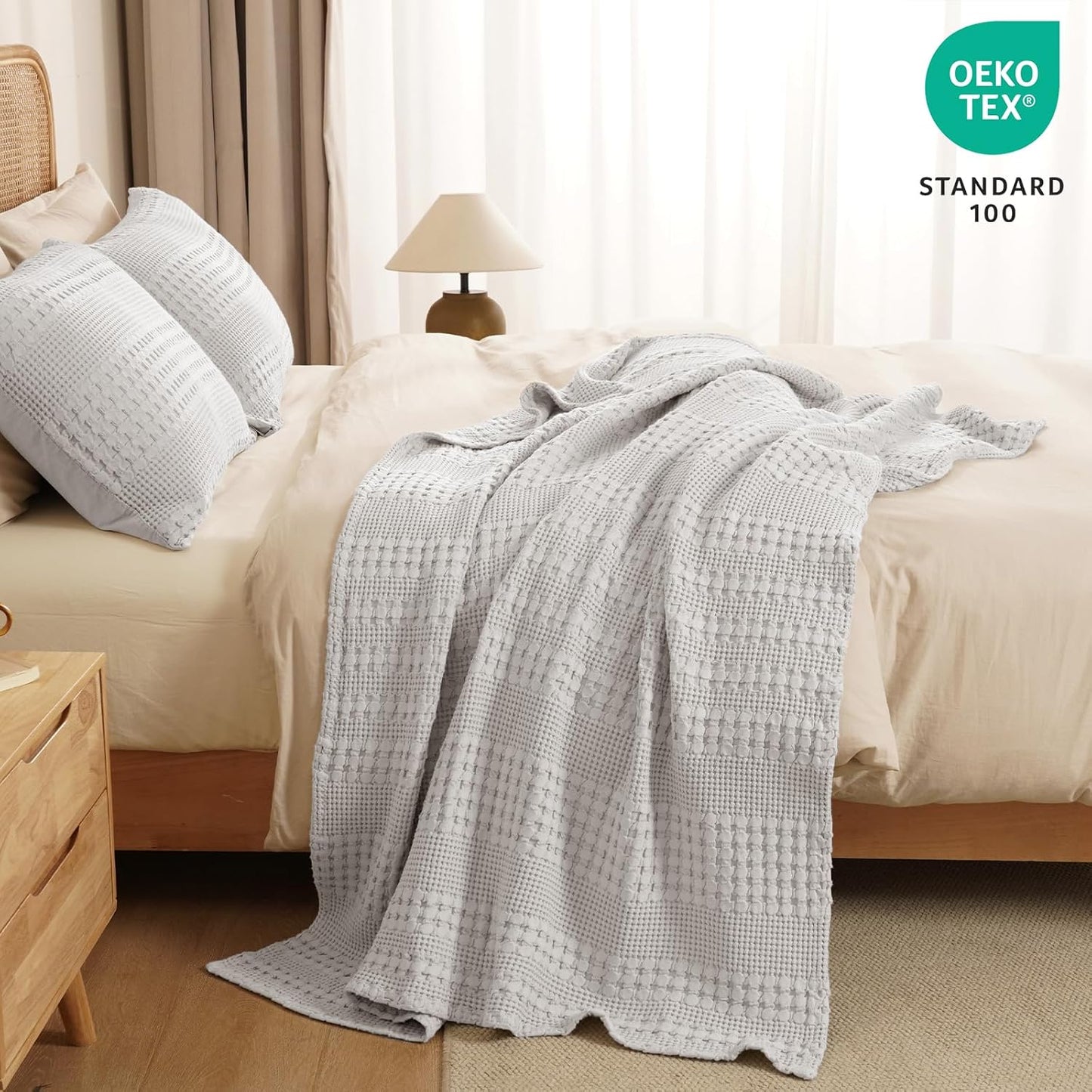 PHF 100% Cotton Waffle Weave Throw Blanket, Soft Lightweight Breathable Cozy Summer Throws for Couch Bed Sofa, Luxury Aesthetic Woven Blanket for Home Decor & Office, 50"x60", Light Grey
