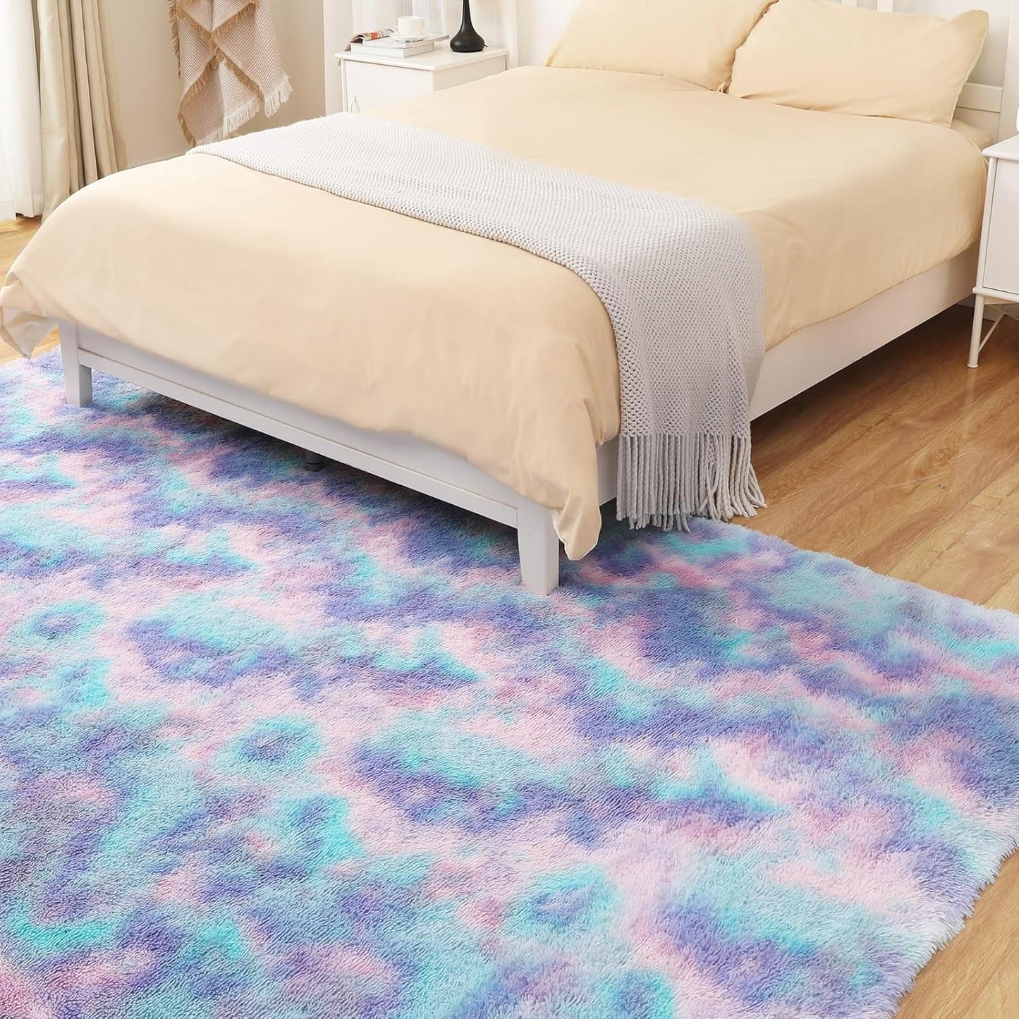 Rainbow Rug for Girls Room, 4x6 Fluffy Area Rugs for Bedroom, Colorful Kids Rug Cute Anti-Skid Indoor Carpet for Nursery, Living Room, Playroom, Home Decor