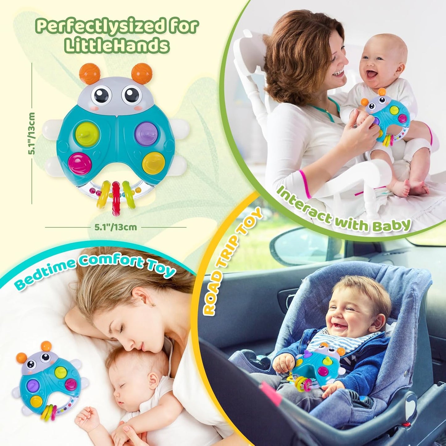 Ladybug Baby Light Up Toys with Rattle Led Light Music, Interactive Educational Fine Motor Development Toy for 3-6-12-18-24 Months Baby Toddler