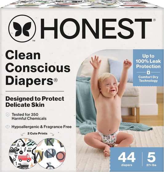 The Honest Company Clean Conscious Diapers for Delicate Skin | Up to 100% Leakproof | Hypoallergenic, Fragrance Free | Gender Neutral | Club Box, Size 5 (27+ lbs), 44 Count (Prints May Vary)