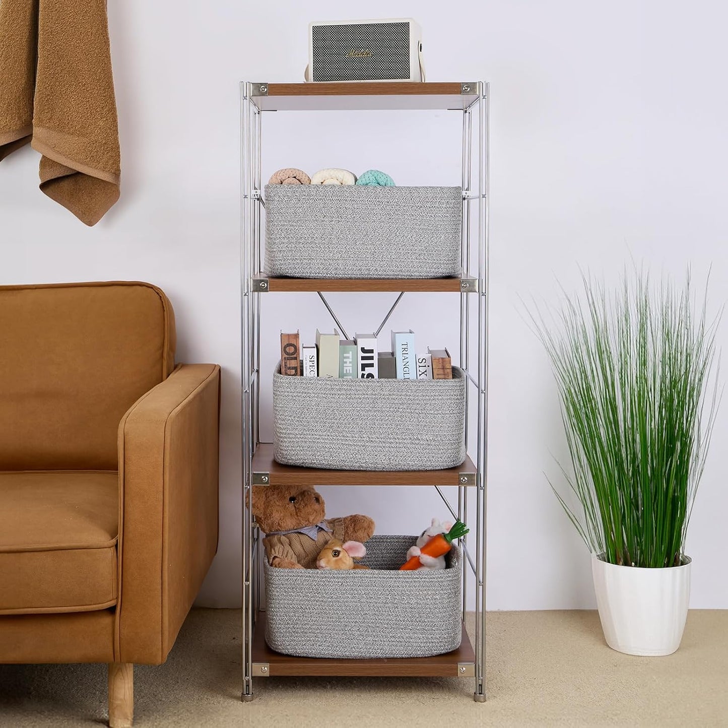 Large Storage Baskets for Organizing, Closet Shelf Baskets for Clothes Blanket Towels, Baby Nursery, Toy Bins Box, Woven Rope Baskets, 17 x 13 x 7.5”, 4 Packs Mixed Grey