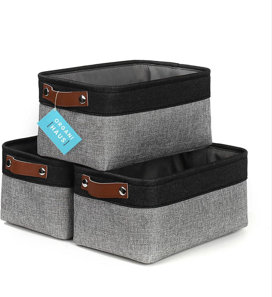 OrganiHaus Small Fabric Storage Baskets for Shelves 3 Pack, 12x8in Closet Storage Bins for Shelves, Cloth Baskets for Organizing, Linen Closet Organizers, Fabric Basket, Gray/Black