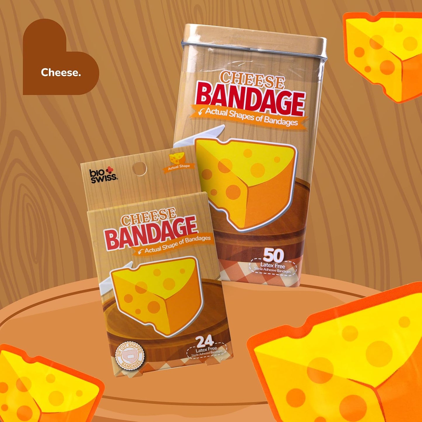 BioSwiss Bandages, Cheese Shaped Self Adhesive Bandage, Latex Free Wound Care, Fun First Aid Kit Supplies for Kids and Adults, 24 Count