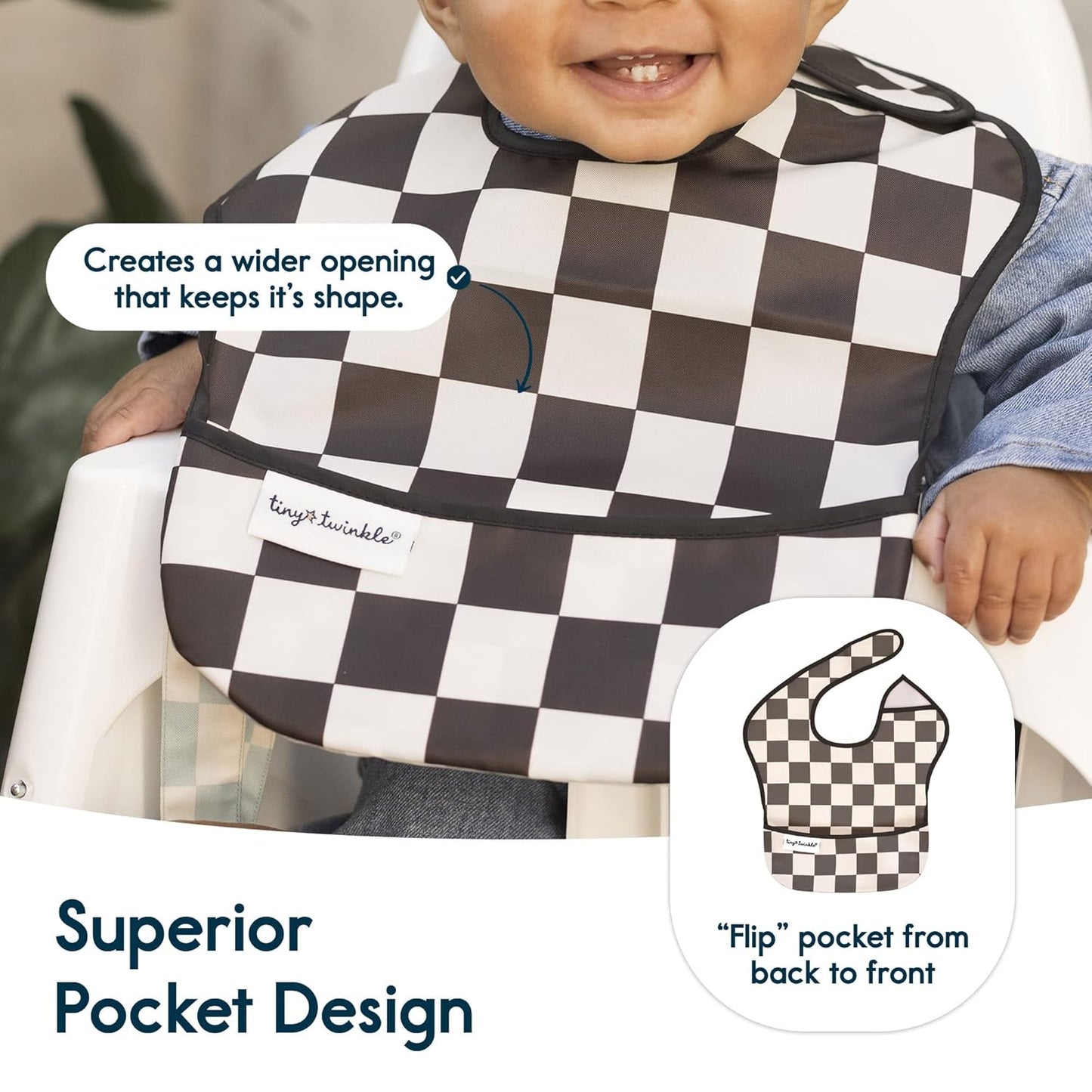 Tiny Twinkle Mess-Proof Baby Bib - Waterproof Bib for Baby Boy or Girl - Machine Washable - Adjustable Closure - PVC, BPA, & Phthalate Free - Great for Travel - Baby Food Bibs (3 Pack, Checkers Boy)