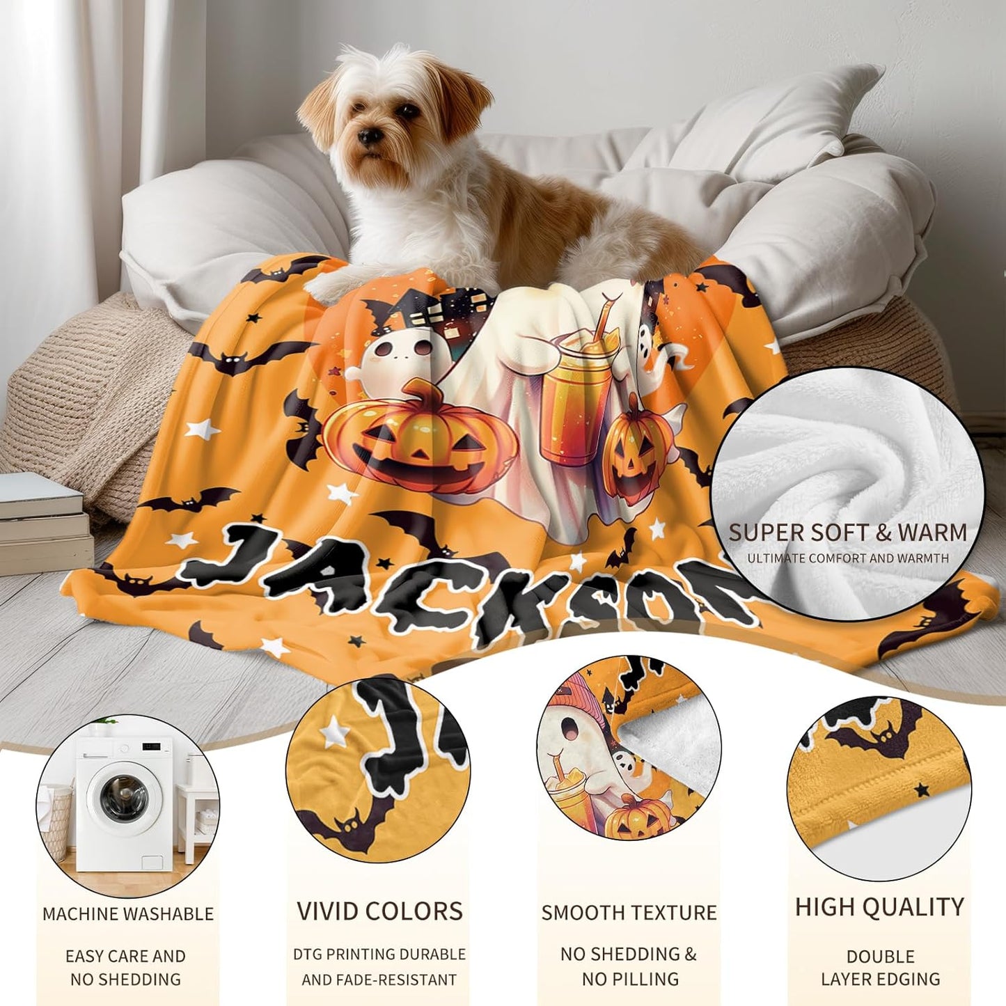 Ship Next Day, Custom Halloween Blanket - Printed in USA, Personalized Baby Blankets with Name, Gift for Kids Boys Girls, Unique Present for Birthday, Christmas, Halloween Bats Toddler Blanket