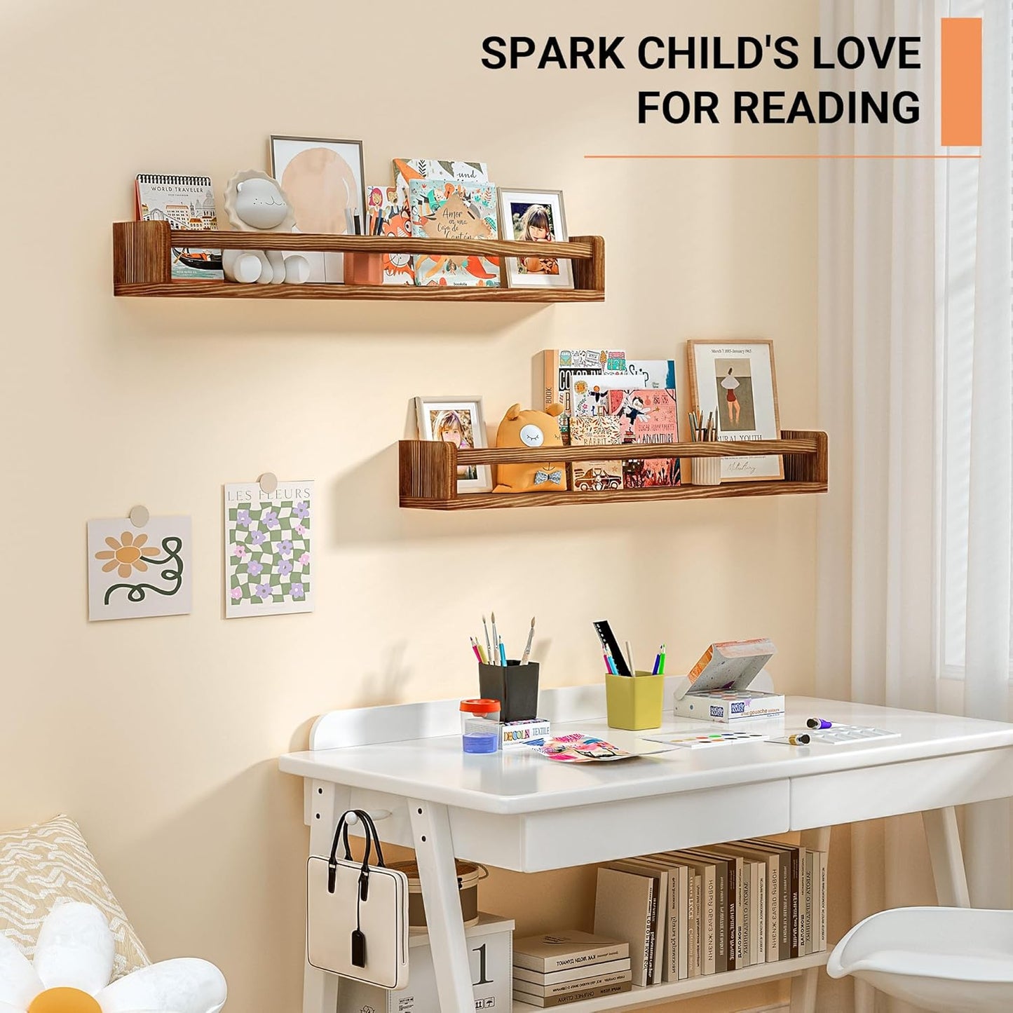 Heimlove Nursery Floating Shelves - 32 inch Solid Wood Wall Mounted Book Shelves for Kids, Set of 3