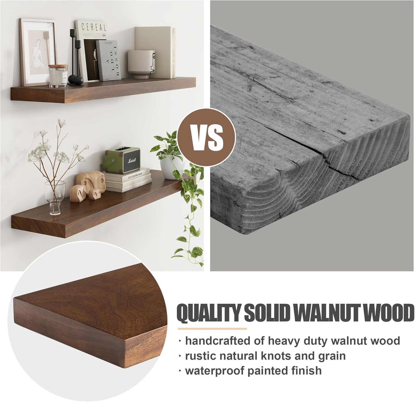 Floating Shelves for Wall, USA-Sourced Walnut Wood 24 Inch Wall Shelves Set of 2, Natural Wooden Wall Mounted Picture Ledge Shelf, Nursery Book Storage Shelf Kids Bookshelf, Display Shelf for Bathroom