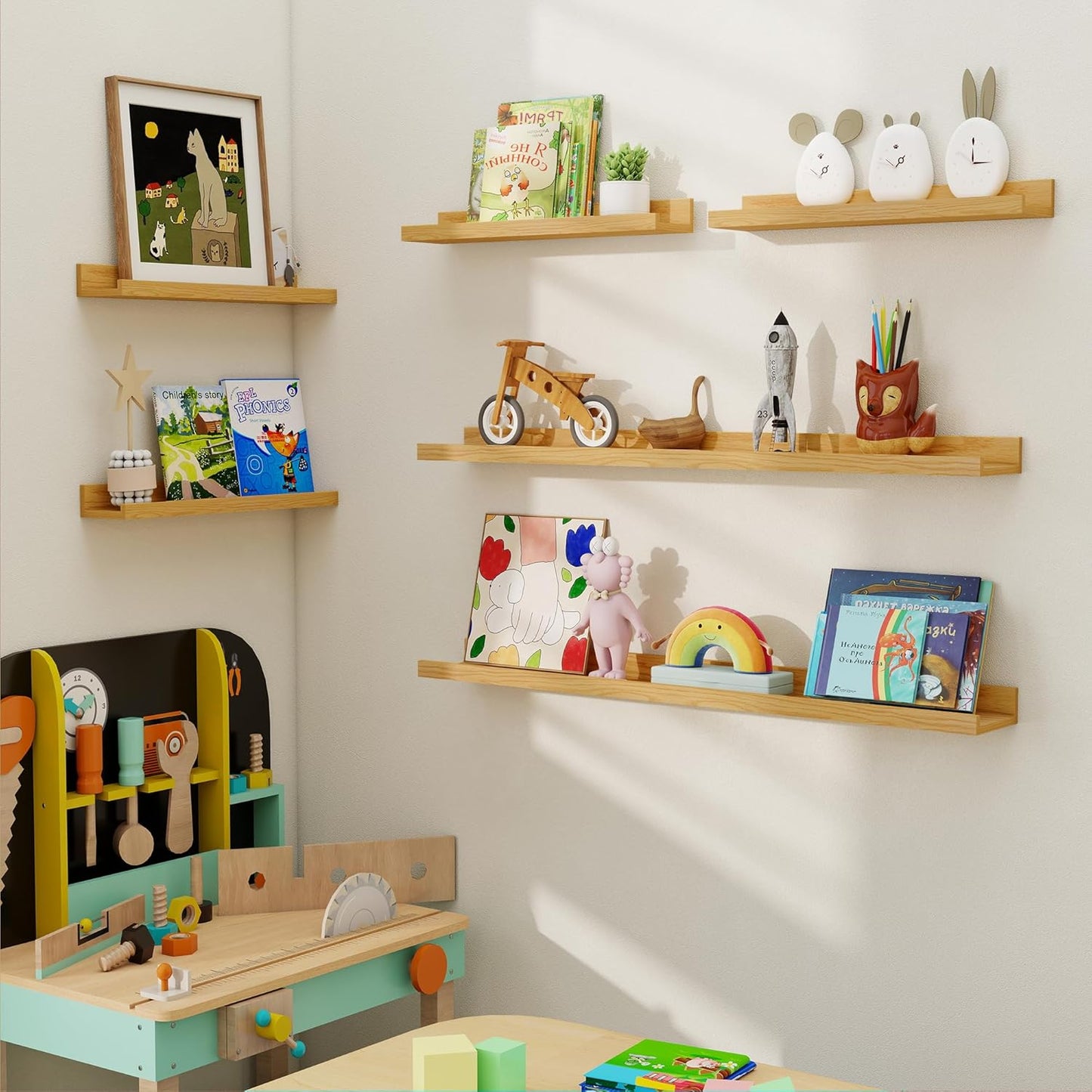 Axeman Picture Ledge Shelf, Floating Shelves for Wall Decor Storage Set of 6, 16 inch Floating Wall Mounted Shelves, Wall Shelves with Lip for Living Room, Bedroom, Nursery, Bathroom, Kitchen, Oak