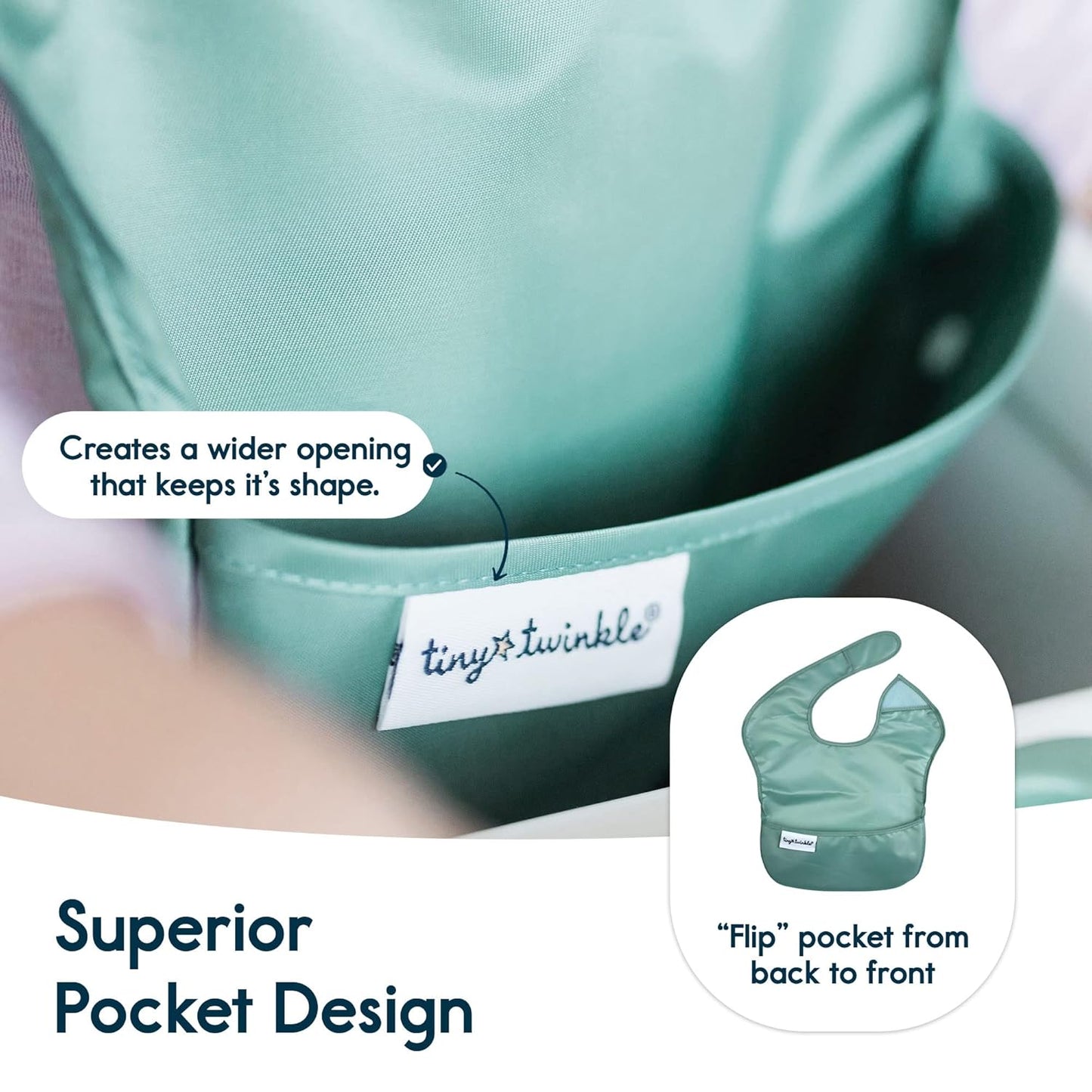 Tiny Twinkle Mess Proof Baby Bibs for Eating - Waterproof, Wipeable Bibs - Toddler Bibs - Travel Friendly - PFAS, PVC, BPA, Phthalate Free - Baby Food Bibs (3 Pack,Slate, Olive)