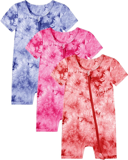 Jimonda Baby Girl Boys Rayon From Bamboo Pajamas 3 Pack Short Sleeve Footless Romper 2 Way Zipper Tie Dye Pjs Sleeper 0-24M