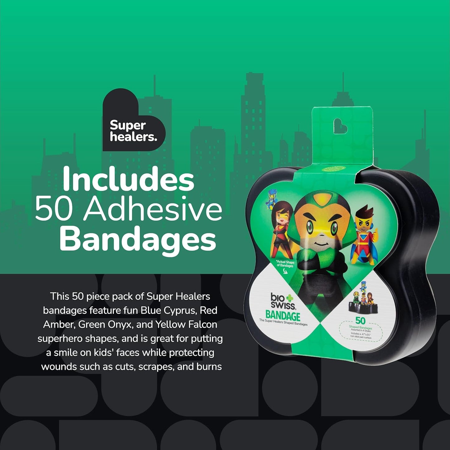 BioSwiss Bandages, Super Healers Superhero Shaped Self Adhesive Bandage, Latex Free Sterile Wound Care, Fun First Aid Kit Supplies for Kids and Adults, 50 Count