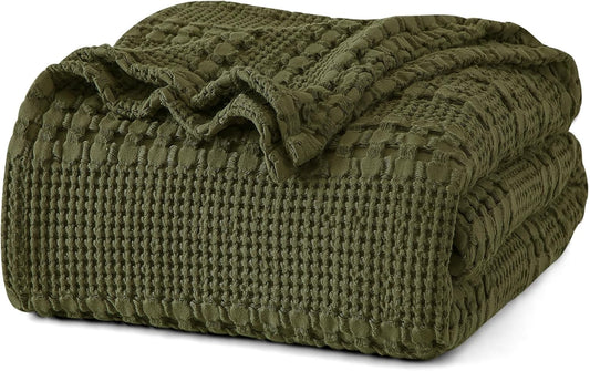 PHF 100% Cotton Waffle Weave Blanket Queen Size, Soft Lightweight Breathable Cozy Summer Blankets for Bed, Luxury Aesthetic Woven Bedding for Home Decor, 90"x90", Capulet Olive