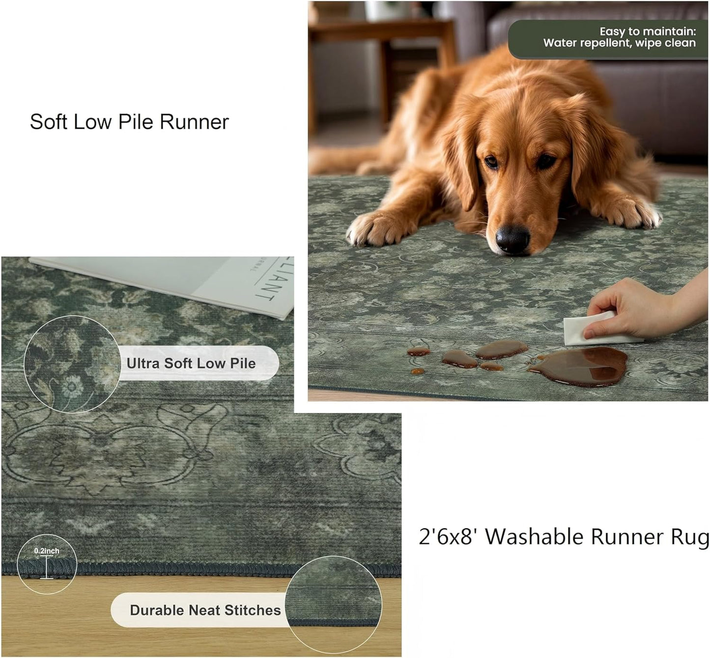 5x7 Washable Area Rug for Living Room, Non Slip Vintage Floral Rugs for Bedroom, Retro Indoor Floor Carpet for Kitchen, Dining Room, Farmhouse, Classroom (Distressed Green)