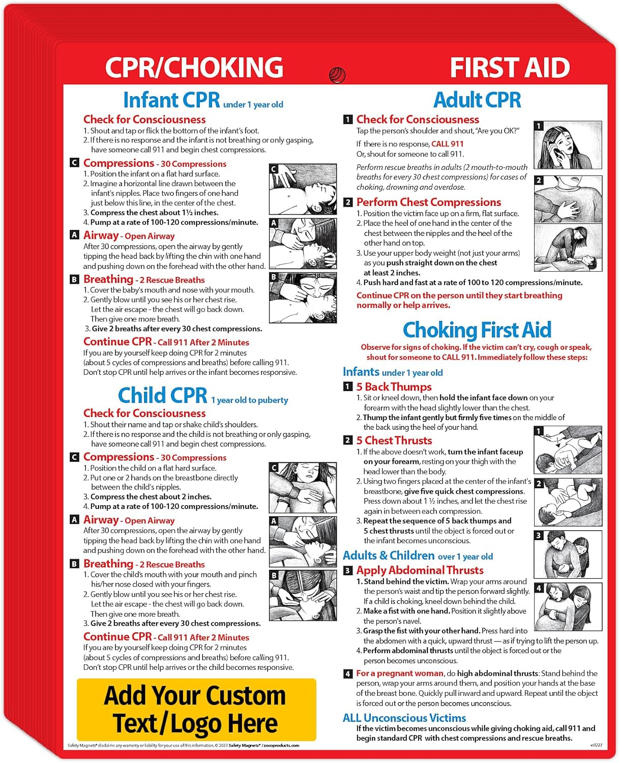 Safety Magnets by ZOCO – 250-Pack Custom CPR & Choking First Aid Magnet – 8.5"x11" Laminated Cards – Personalized with Logo – Branded Safety Handout for Offices, Caregivers & Healthcare