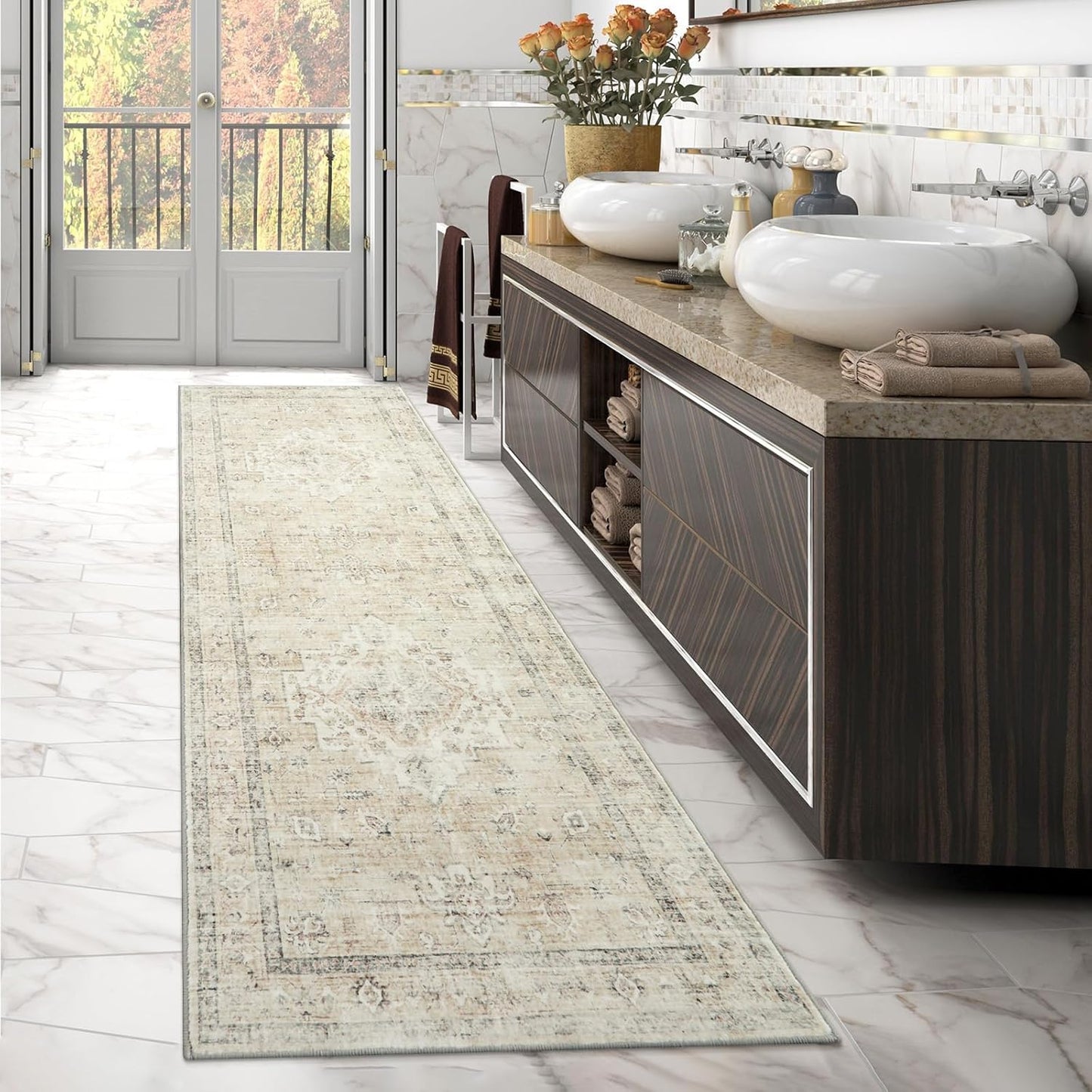 LIVEBOX Washable 2.5x8 Runner Rugs for Entryway Bathroom, Boho Kitchen Floor Mats Long Rug Runners for Hallways Non Slip, Farmhouse Low-Pile Carpet Runners for Laundry Room, Tan