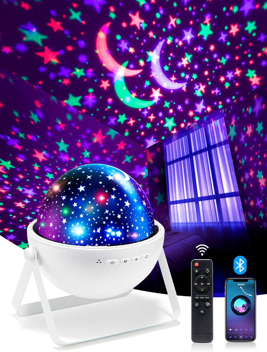 Star Projector Night Light for Kids - 15 Colors, Remote & HIFI Bluetooth Speaker, 360 Rotating + Auto Timer