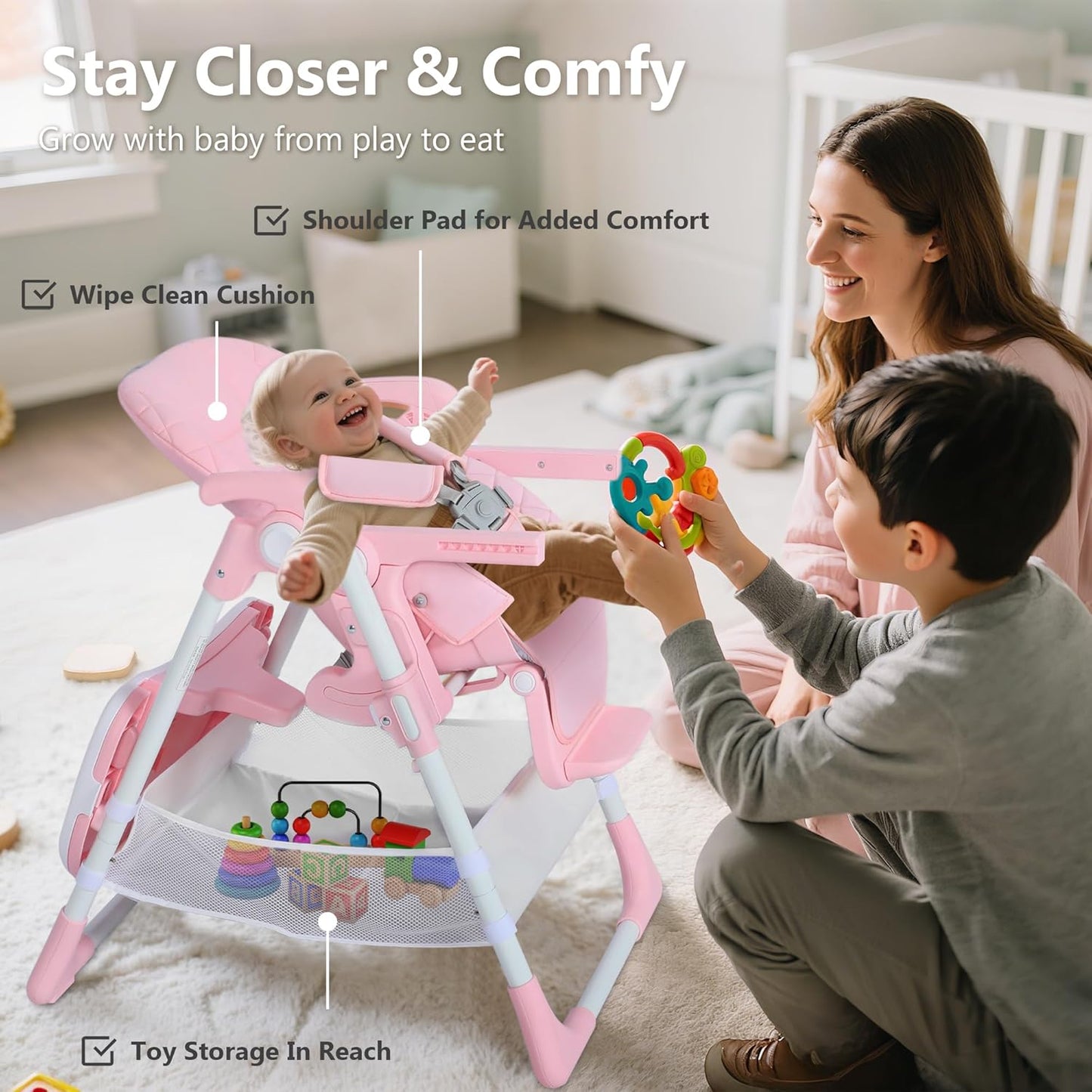 Kinder King Convertible Baby High Chair, Adjustable Feeding Chair for Babies and Toddlers with Removable Double Tray, Simple Compact Fold for Space-Saving, 2 Built-in Wheels, Easy to Clean, Pink