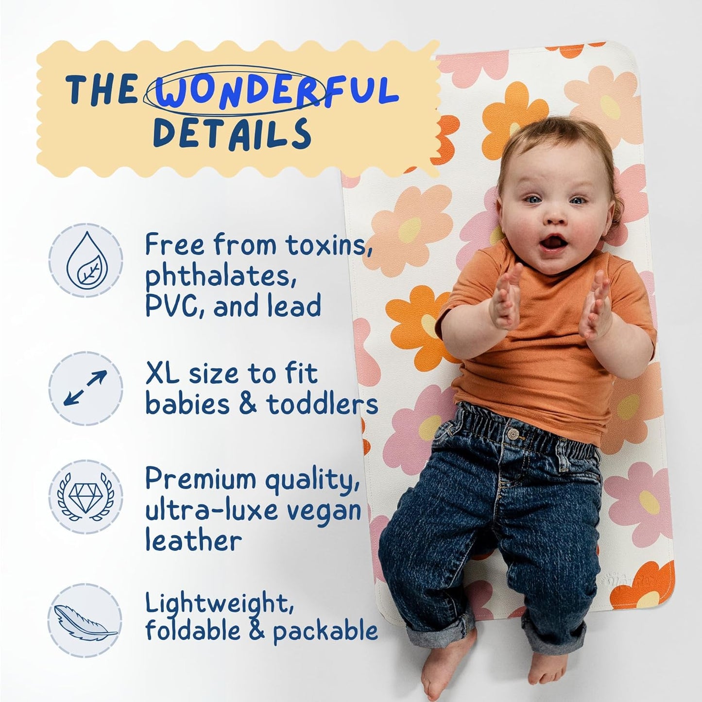 Leather Changing Mat with Reusable Waterproof Wet Bag, (16 x 30 Inches) Baby Changing Mat, Non-Toxic Changing Pad Portable Folds and Wipes Clean, Baby Changing Pad Travel (Checkered)