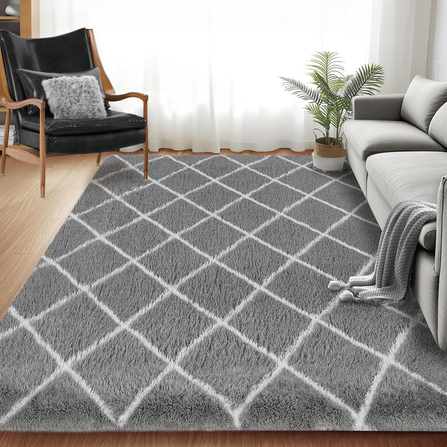 Fluffy Rug for Bedroom, 8X10Feet Stripe Checkered Rug Anti-Skid High Pile for Living Room Bedroom Kids Room Nursery, Dorm Home Decor