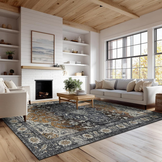 Washable Area Rugs 8x10, Large Rugs for Living Room, Carpet for Bedroom, Soft Faux Wool Retro Dining Room Rug, Non-Slip Backing Resistant Low Pile Vintage Print Rug for Home Office (Tan/Gray)