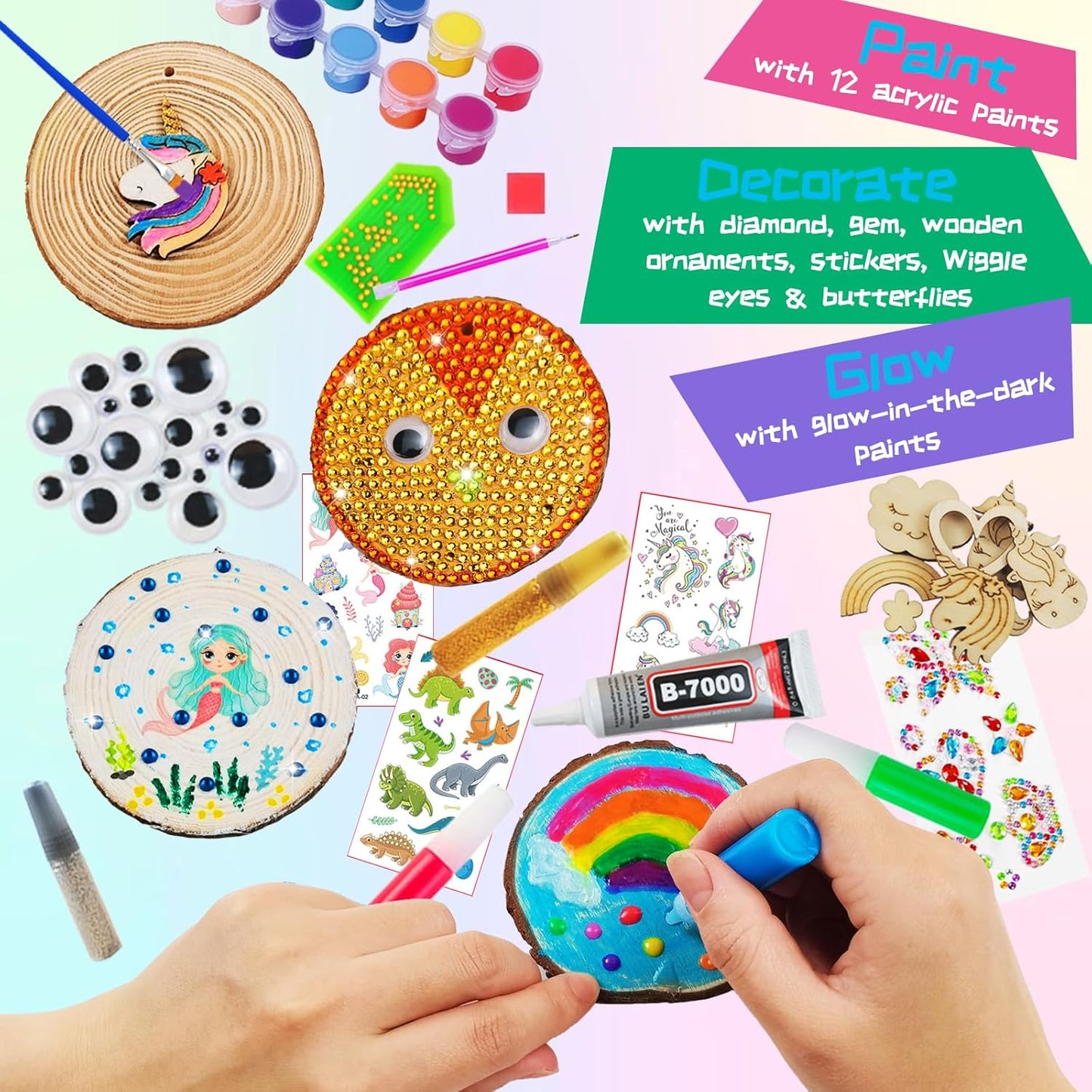 KIRKOTOY Wooden Crafts Kit for Kids-Glow in The Dark-Arts & Crafts Gifts for Boys Girls Age 6-12, 24 Wood Slices with Painting Craft Activities Kits, Creative Art Toys for 6 7 8 9 10 11 12 Year Old