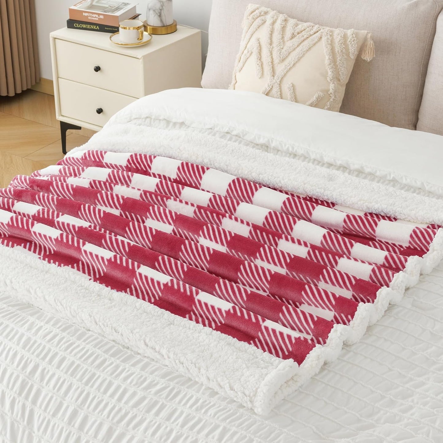 Touchat Sherpa Plaid Twin Blanket 60" X 70", Fuzzy Fluffy Soft Cozy Throw Blanket, Twin Size Plush Fleece Flannel Plush Microfiber Blanket for Couch Bed Sofa (RustRed)