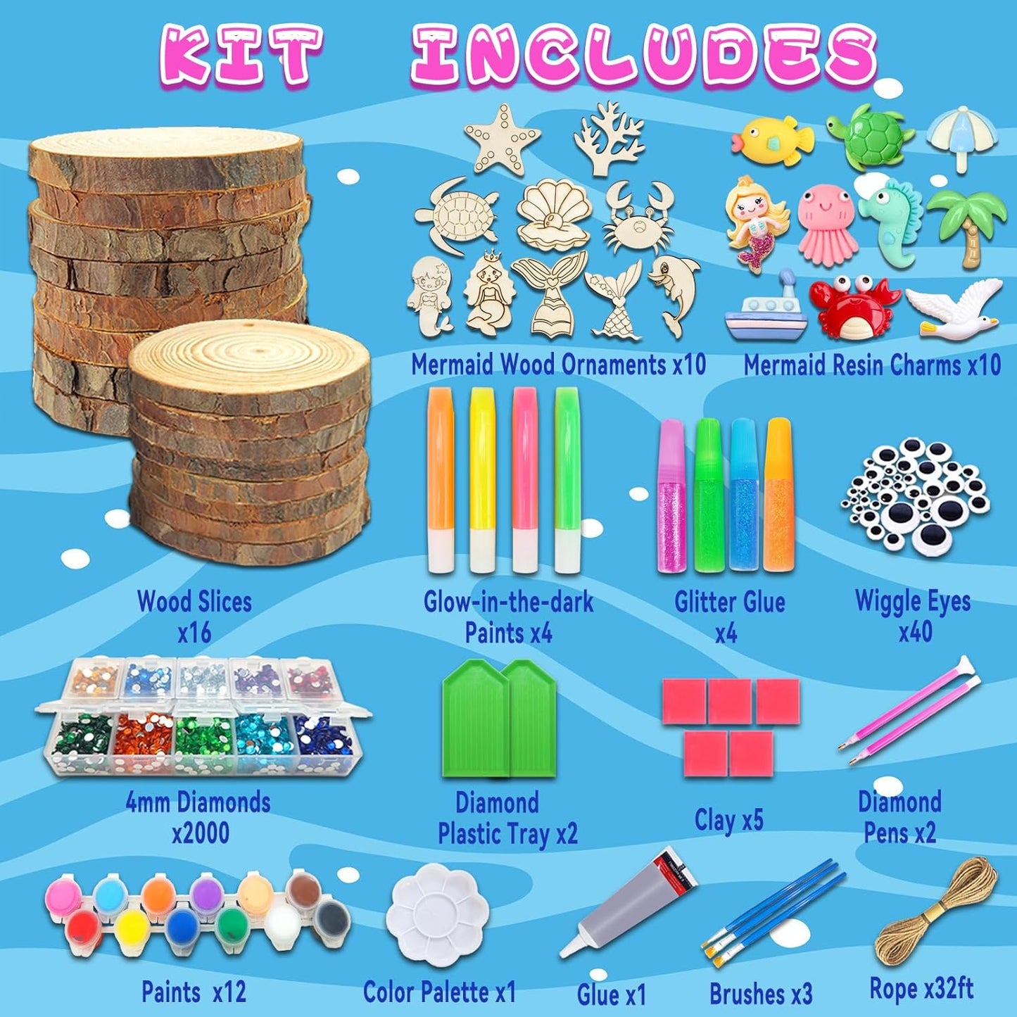 klmars Mermaid Themed Wooden Painting Kit-Glow in The Dark-Arts & Crafts Gifts for Kids Girls Ages 6-12-Wood Slice Craft Activities Kits -Mermaid Art Toys for Kids Christmas Gifts