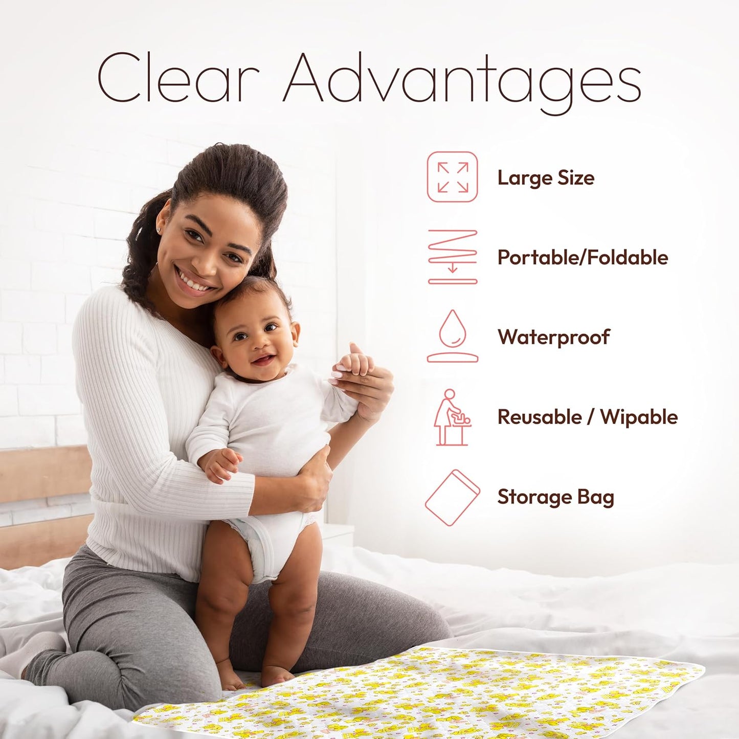 Baby Changing Mat - 31,5 x 25,5 inch Waterproof Portable Travel Changing Pad - Wipeable Liners with Reinforced Double Seams - Change Diaper On The Go - Foldable Large Baby Nappy Changer Mat