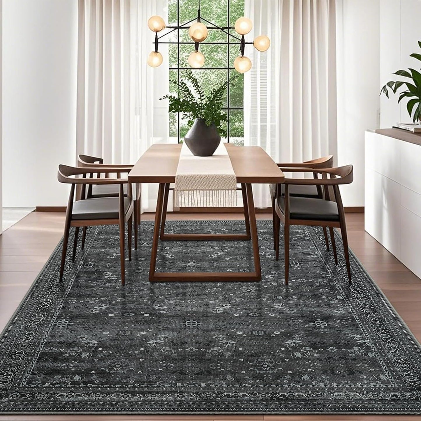 Large 8x10 Washable Area Rug for Living Room, No Shedding Vintage Floral Rugs Non Slip, Indoor Thin Retro Accent Carpet for High Traffic Areas Bedroom Farmhouse Dining Room Black/Gray