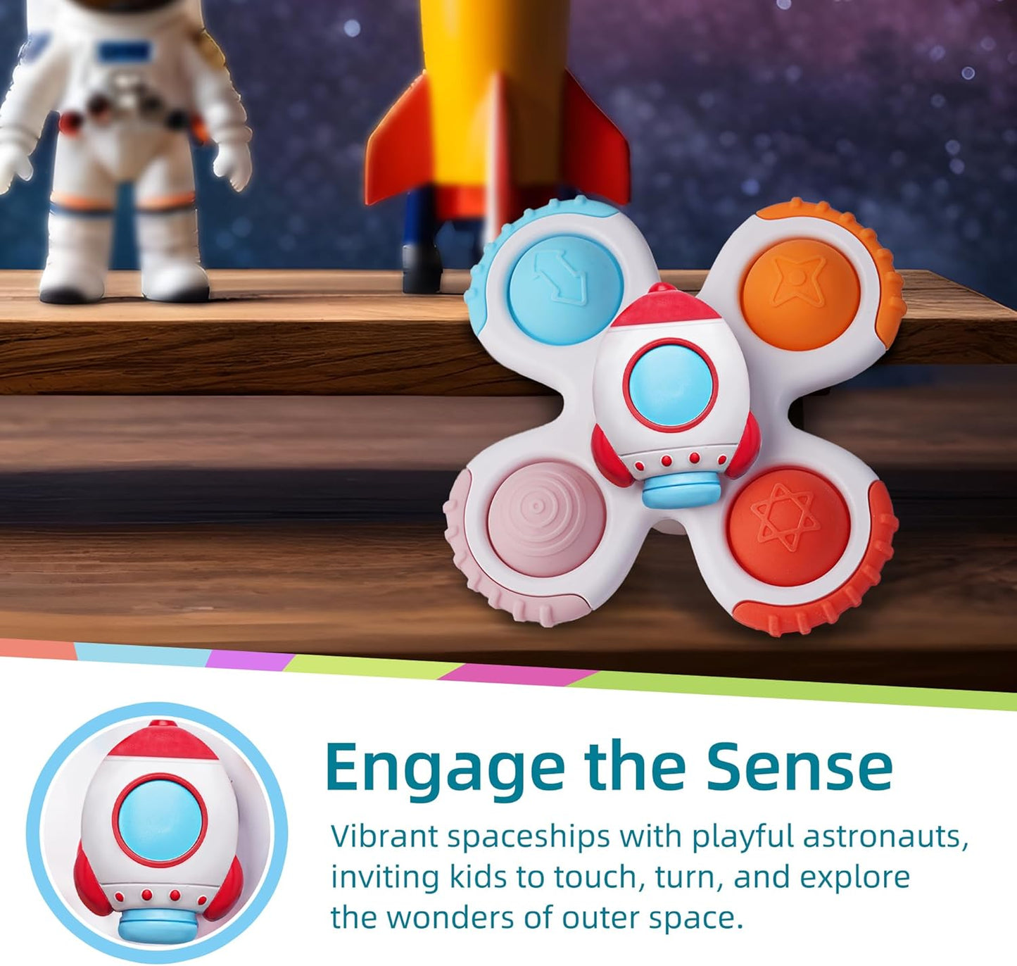 LiKee Strong Suction Cup Fidget Rotating Sensory Bath Toys for Baby 12 18 Months Airplane Car Travel Table & Window Toys for 1 2 Years Old Toddler Boys and Girls (Space-1)