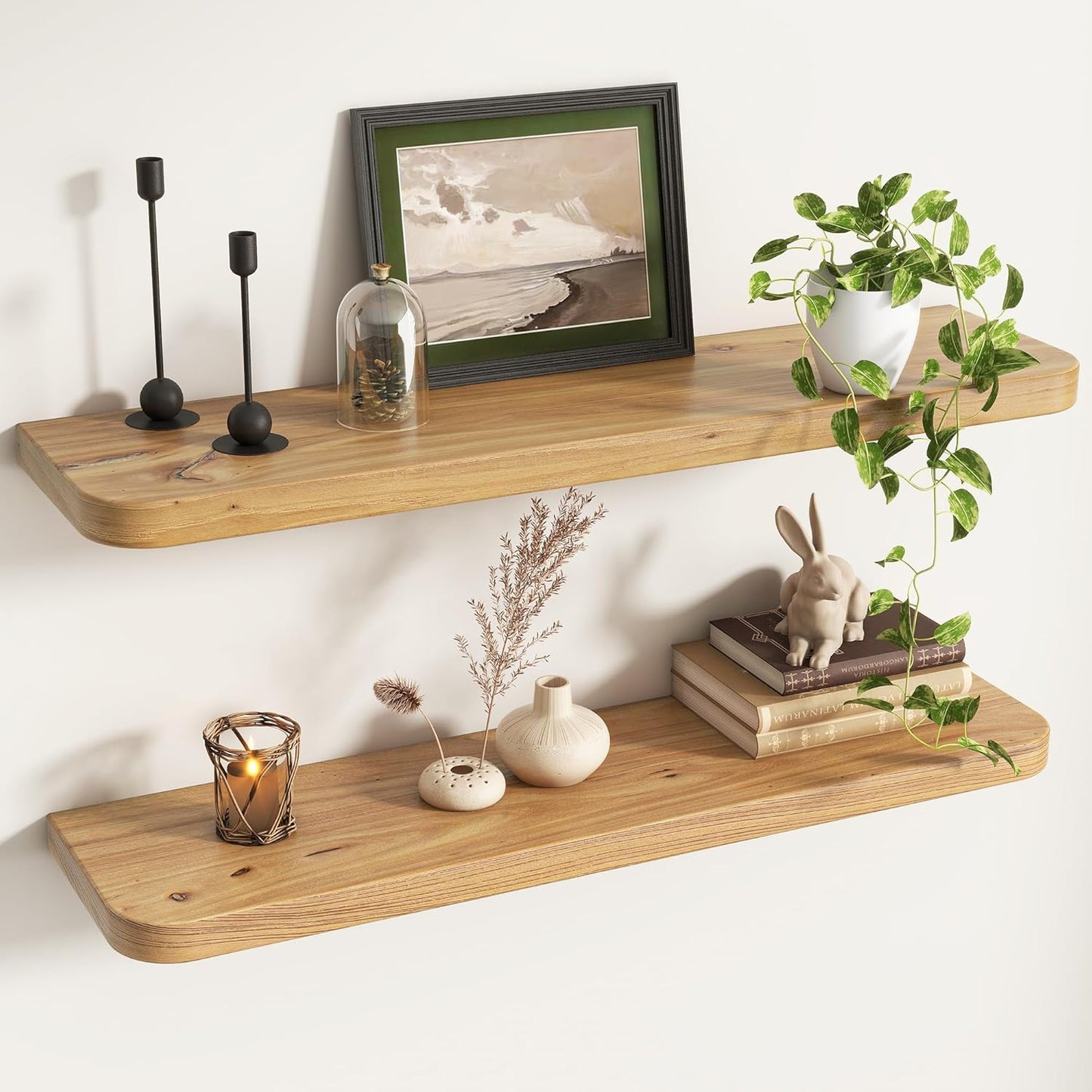 Rustic Elm Wood Floating Shelves for Wall Round Edge, 36"W x 9.2"D x 1.37"H, Set of 2 with Invisible Bracket, Wall Mounted Storage Shelves for Living Room Bedroom Kitchen Bathroom Decor, Natural