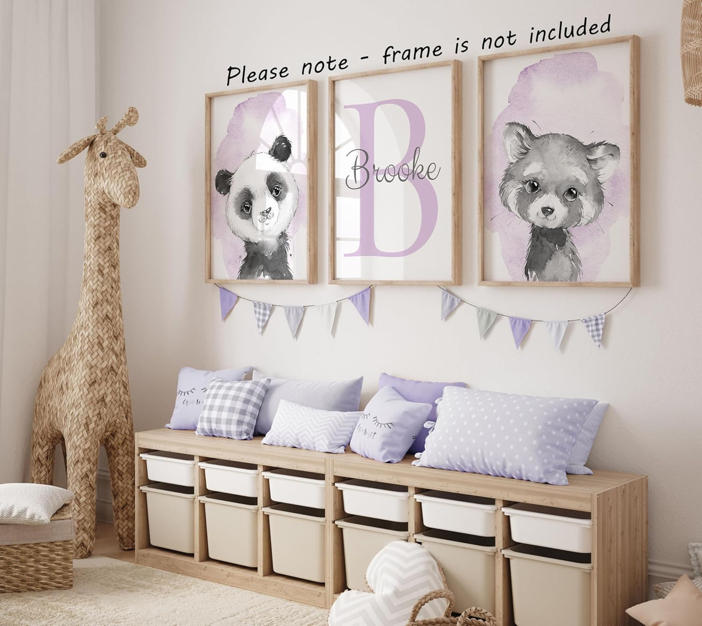 Safari Animals Set of 3 Unframed Poster Prints for Baby Girls Nursery Bedroom Playroom, Personalized Name, Choice of 12 Animals, Pink Purple (17x22)