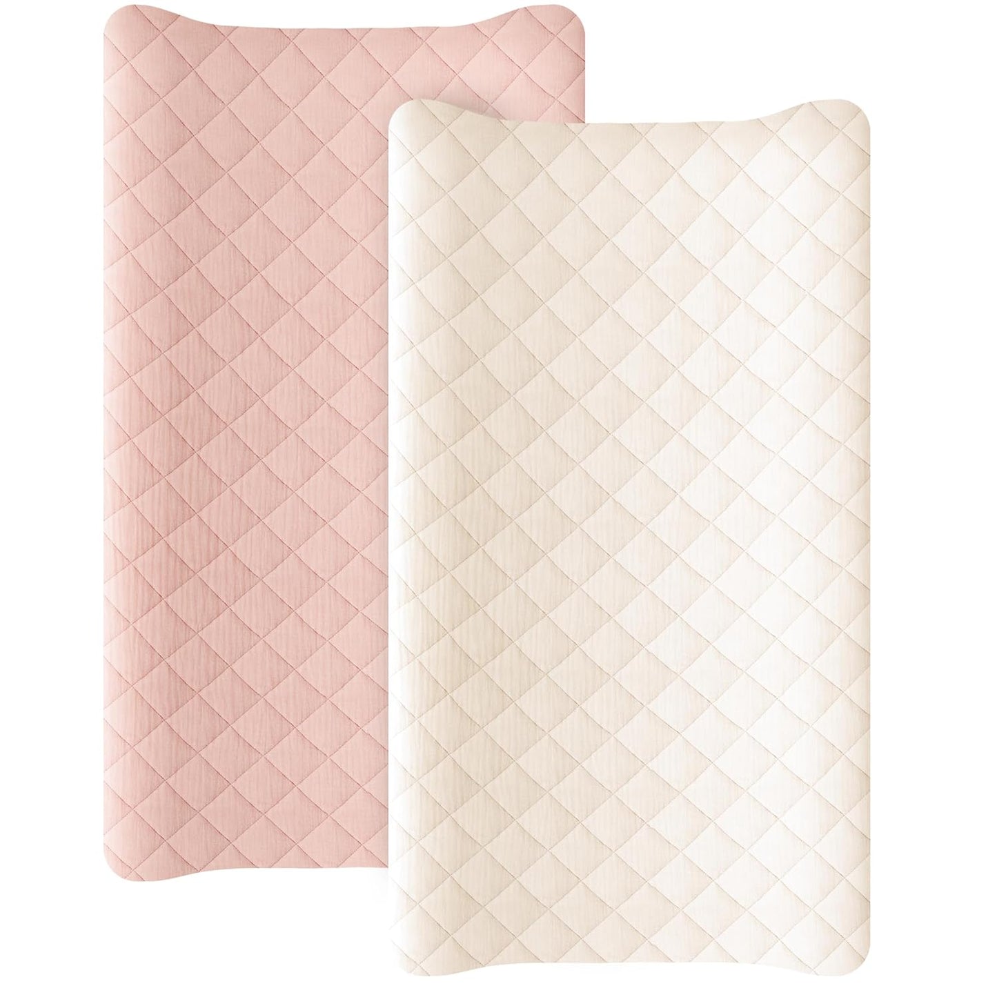 Konssy Waterproof Muslin Changing Pad Cover 2 Pack, Quilted Cotton Fitted Diaper Chang Table Cover, Soft Changing Pad Sheets for Girls Boys (Pink, Cream)