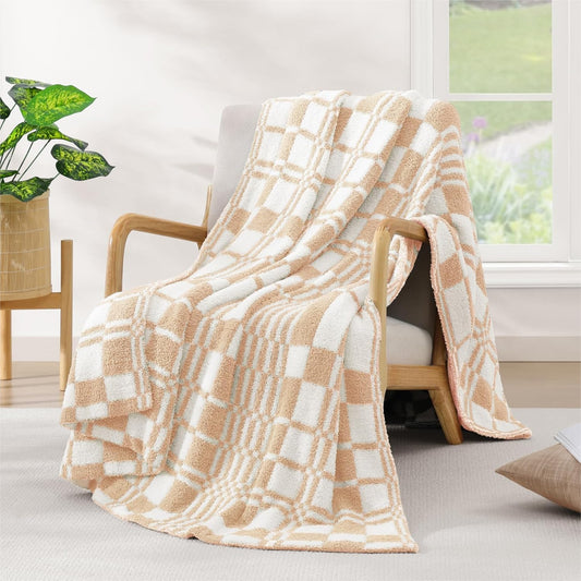 WRENSONGE Checkered Throw Blanket Toast Almond Soft Cozy Fluffy Warm Hand Made Weave Throw Blankets for Couch, Sofa, Chair, Bed, Camping, Picnic, Travel Lightweight Bed Blanket - 60"*80"
